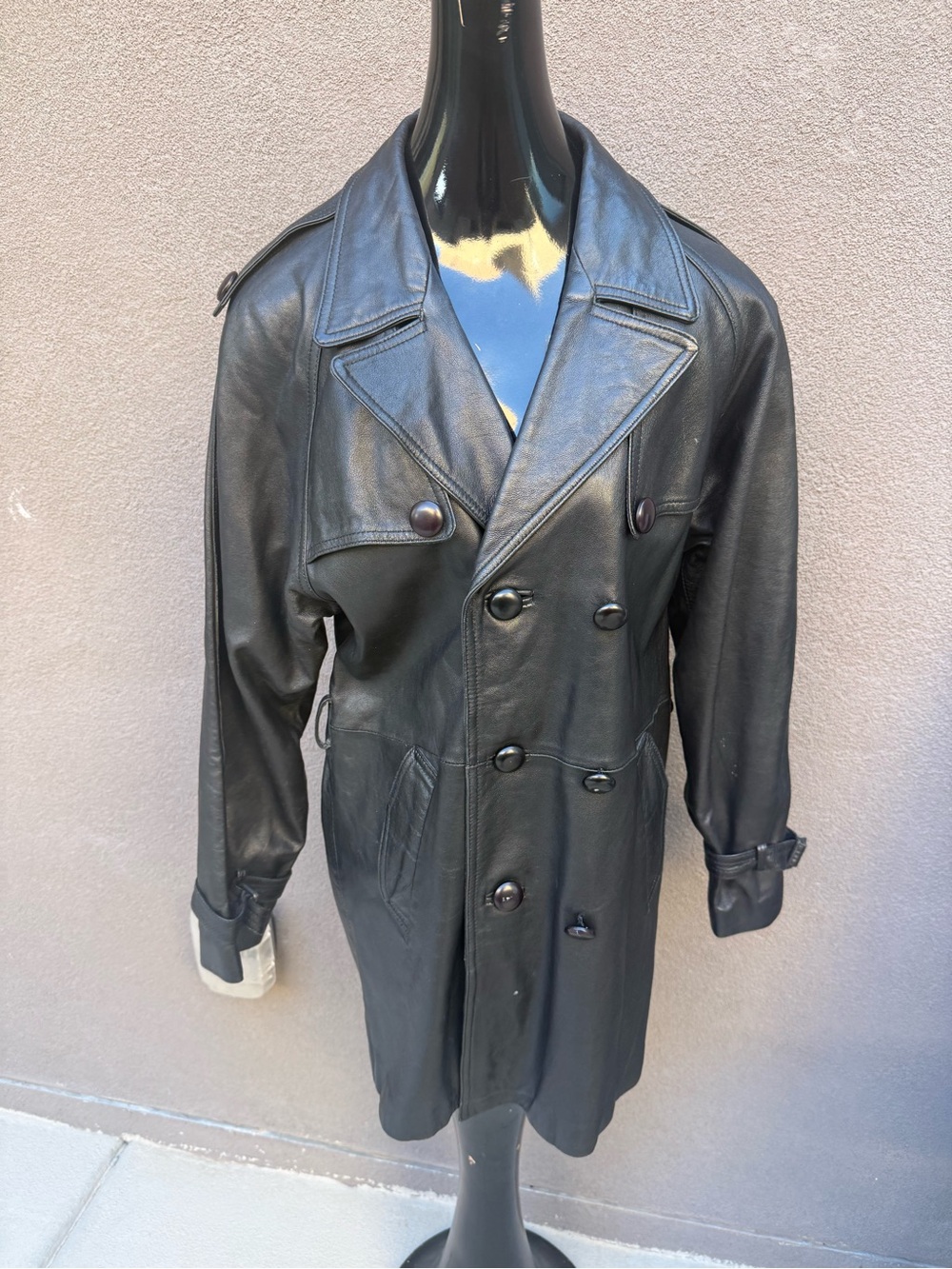 Vintage Black Leather Trench Coat Jacket Womens Large 80s 90s Mid Length Pockets